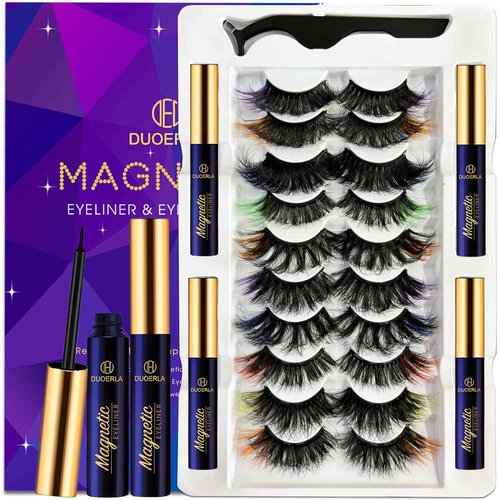 DUOERLA Magnetic Eyelashes 8D Luxury Volume Fluffy Colored Eyelashes Magnetic Lashes with Eyeliner Kit, Cat-Eye 18-23MM Long Cruelty-Free&Vegan 10 Pairs