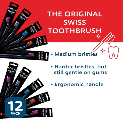 TELLO 3940 Adult Medium Toothbrush for Gentle Cleaning with Ergonomic Handle, Made in Switzerland, Colors Vary, 12-Pack