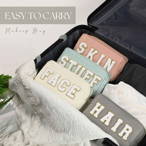 Cunno 4 Pcs Preppy Makeup Bags Chenille Letter Stuff Bag Nylon Cosmetic Pouch Cases with Zipper for Women Travel Toiletry(Cream Color,Soft)