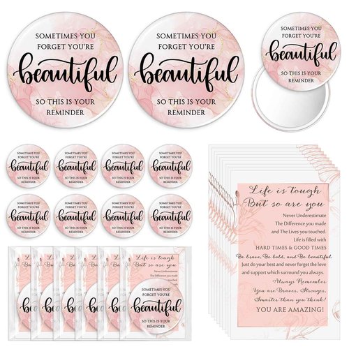 Cinnvoice 50 Pcs Inspirational Mini Compact Mirror Bulk for Women Christmas Pink Pocket Gifts Portable Round Purse Mirrors Thank You Reminder Gift for Coworker Employee Staff Nurse