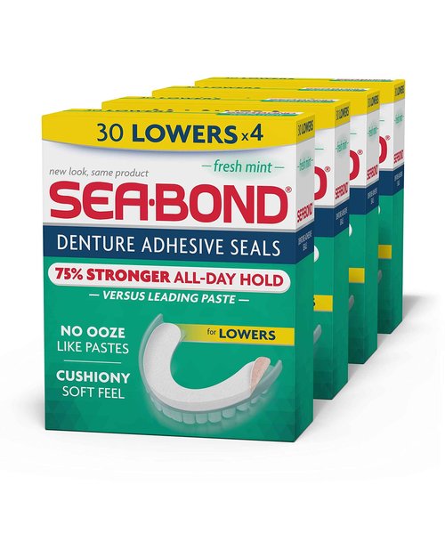 Sea Bond Secure Denture Adhesive Seals, Original Lowers, Zinc-Free, All-Day-Hold, Mess-Free, 30 Count (Pack of 4) & Secure Denture Adhesive Seals, Fresh Mint Lowers