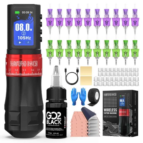Wormhole Tattoo Gun Kit 2,300mAh Battery Professional Xtreme Tattoo Ink and 20 Tattoo Needles Smart Tattoo Pen Wireless Tattoo Machine Kit Multi-function Tattoo Pen Smart Display 7 Strokes Length