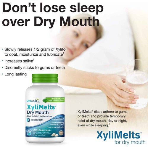 Oracoat XyliMelts for Dry Mouth Night Time or Day - Moisturizing Dry Mouth Adhering Discs, Sugar Free with Xylitol, 230 Count, Mint Flavor, 8-Hour Relief