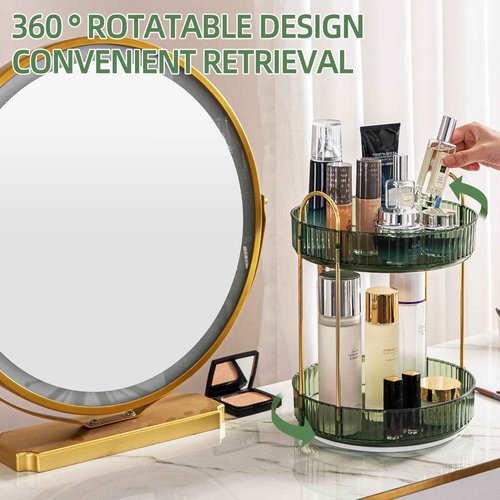Makeup Organizer for Vanity, 360° Rotating Bathroom Organizer Countertop, High-Capacity Skincare Organizer, Spinning Cosmetics Organizer for Dresser Countertop (2 Tiers, Green)