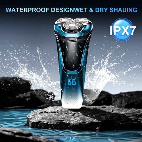 Snapbuy Electric Razor for Men, Waterproof Cordless Shaver with 90-Min Runtime, 4D Floating Head Rotary, Wet & Dry Rechargeable Electrical Shaver LCD Display (Blue)