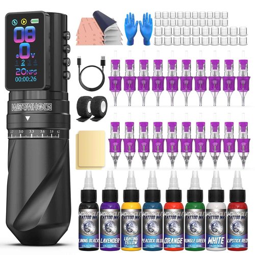 Wormhole Tattoo Gun Kit Tattoo Kit with 7 Adjustable Stroke 2,300mAh Power Wireless Tattoo Machine with Normal/Jump-Start/Dot Working Mode with LED Digital Display for Artist WTK381