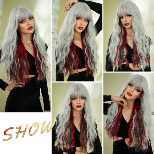 7JHH WIGS Long Curly Red Green Highlight Christmas Siler White Wigs Natural Heat Resistant Fibre Wet Wave Grey White Ombre Women Wigs for Holiday Festival Christmas Daily Party Daily Used