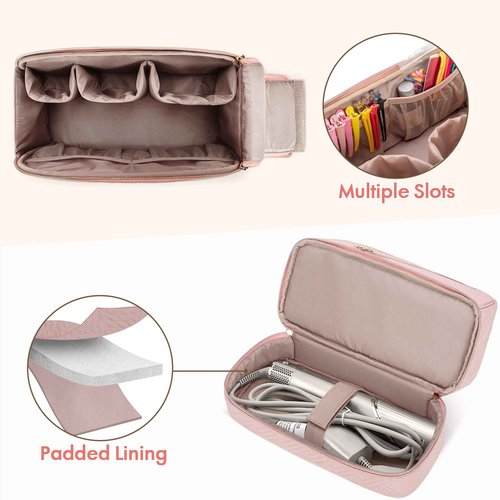 Teamoy Travel Carrying Case Compatible with Shark Flexstyle, Double-Layer Storage Bag for Shark Hyperair, Portable Travel Organizer for Dyson Airwrap Styler and Attachments, Pink Quilted