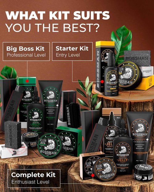 Bossman Essentials Beard Kit for Men, Set of 3 - Beard Oil Jelly, Fortifying Conditioner Cream, Beard Balm - Grooming Growth Care Accessories - Gift Set for Men (Gold)