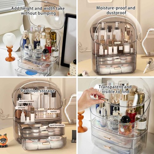 DASITON Makeup Organizer for Vanity,Large Capacity Cosmetic Organizer for Countertop,3 Layers Makeup Storage Organizer,Waterproof & Dustproof Cosmetic Display Case for Bathroom,Dresser,Bedroom(Coffee)
