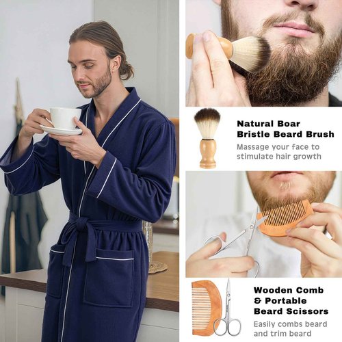 Shyyween 10 Pcs Birthday Gifts Baskets for Men Get Well Soon Gifts Beard Care Set for Him with Bathrobe, Wallet, Makeup Bag, Belt, Bracelet, Beard Comb & Brush Set for Dad Boyfriend Husband(Blue)