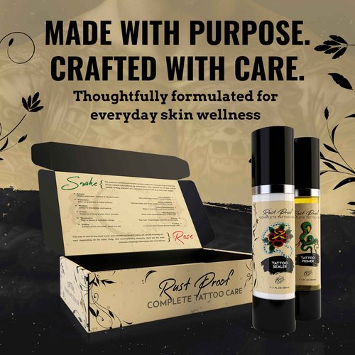 Rust Proof Complete Tattoo Care – Comprehensive Pre & Post Tattoo Skincare Set with Body Oil & Moisture Sealing Body Lotion – Lightweight Hydration & Moisture Barrier Protection – 2- Piece Bundle