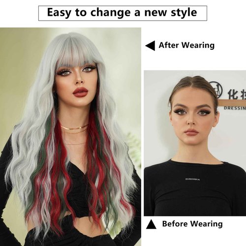 7JHH WIGS Long Curly Red Green Highlight Christmas Siler White Wigs Natural Heat Resistant Fibre Wet Wave Grey White Ombre Women Wigs for Holiday Festival Christmas Daily Party Daily Used