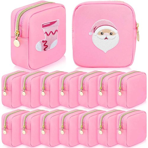 Giesiery Bulk 16 Pcs Preppy Makeup Bags Pink Nylon DIY Craft Zipper Pouch for Bridal/Proposal Gifts, Travel Toiletry Organizer