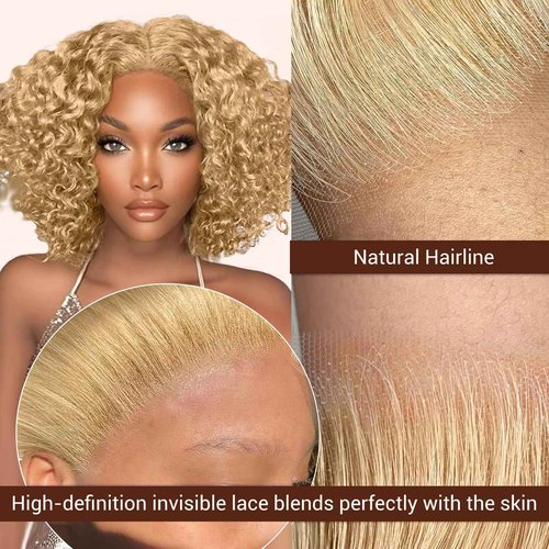 FABA Glueless Wigs Human Hair Pre Plucked Pre Cut Bob Blonde Curly Wig 7x5 Honey Blonde Deep Wave Wig Human Hair 180% Density Short Curly 14 Inch