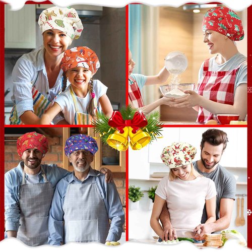 6 Pcs Christmas Bouffant Scrub Cap with Buttons Adjustable Working Hats Surgical Cap with Sweatband for Women Men