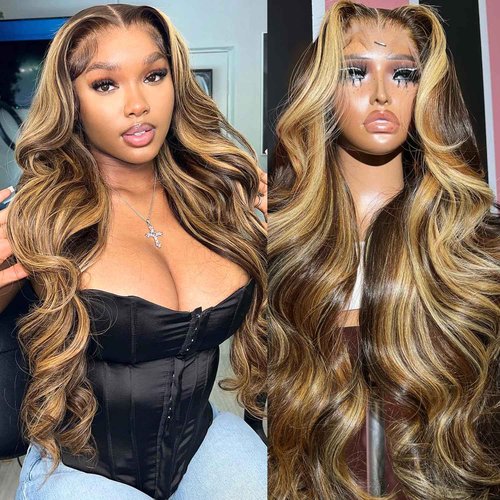 Lukymart Highlight Ombre Lace Front Wigs Human Hair 13x6 Body Wave Frontal Wigs Pre Plucked With Baby Hair 180% Density 4/27 Colored Honey Blonde Wig Human Hair for Women 24 Inch