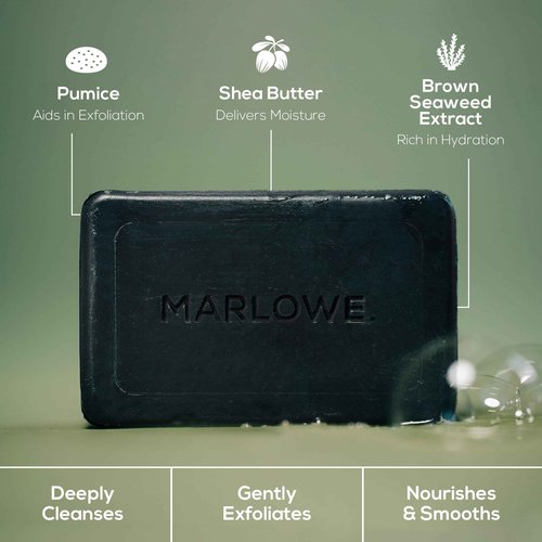 MARLOWE. No. 106 Charcoal Soap 7 oz (6 Bars) Body Bar Soap for Men, Cleansing, Purifying & Hydrating with Natural Extracts, Shea Butter, Olive Oil & Green Tea Extracts, Fresh Woodsy Scent