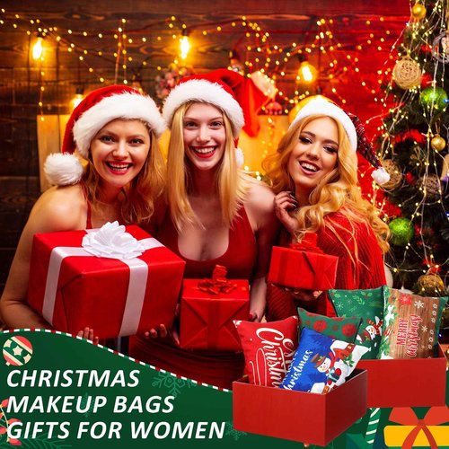 Kacctyen 16 Pcs Christmas Makeup Bag Gifts Bulk Cosmetic Bag with Zipper Santa Snowman Red and Green Travel Make up Pouch Portable Storage Pouch for Women Xmas Party Accessories(Christmas)