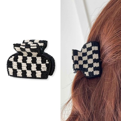 INK+ALLOY Small Beaded Hair Clips, Gia Boho Cute Claw Clips for Women, Mini Claw Clip for Half Up Half Down Hair Styles, Handmade Hair Accessories for the Modern Bohemian (Black and White Checkered)