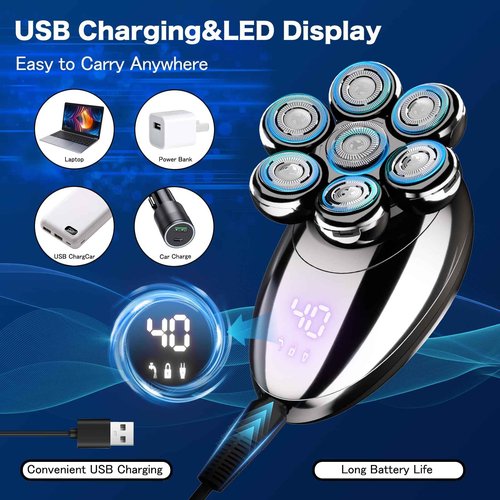 Head Shavers for Bald Men, Electric Razor, IPX8 Waterproof Dry/Wet Bald Head Shaver with 10000 RPM High-Speed Motor, Rechargeable Head Razor with LED Display, USB-C Cable, Perfect for Home & Travel