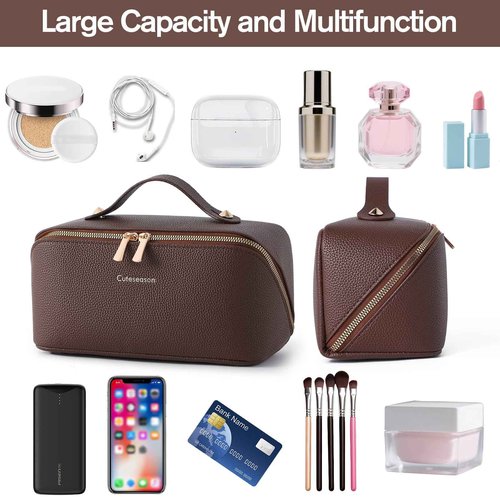 Cuteseason Makeup Bag, Travel Toiletry Bag for Women, Large Capacity Waterproof PU Leather Cosmetic Bags Make Up Organizer Bags with Headband and Wristband Set (Brown, Lychee Pattern)