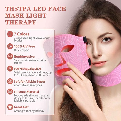 Led Face Mask Light Therapy,Red Light Therapy for Face and Neck,7 Colors LED Facial Skin Care Mask,5 Level Brightness Adjustment,309 LED Beads Can Be Used at Home,Pink