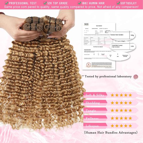 msVenus Honey Blonde Deep Wave Bundles Human Hair 12A Color #27 Blonde Curly Human Hair Bundles 16 18 20 Inch Colored Deep Wave Human Hair Extensions Double Weft Wet and Wavy Bundles