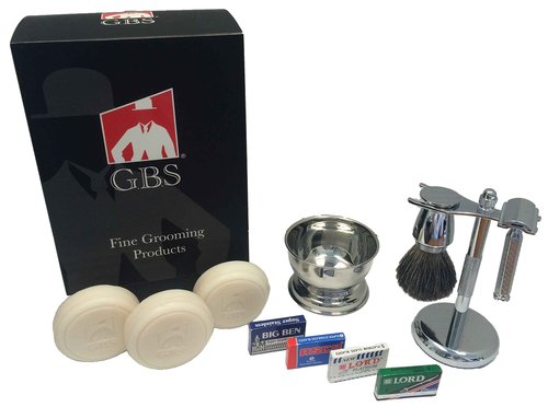G.B.S Stylish Shaving Kit- For Men’s Beard Traditional 42C Safety Razor, Badger Shaving Brush, Stainless Brush & Razor Stand, Chrome Bowl, 3 Pack of Natural Shaving Soaps + 25 DE Razor Blades
