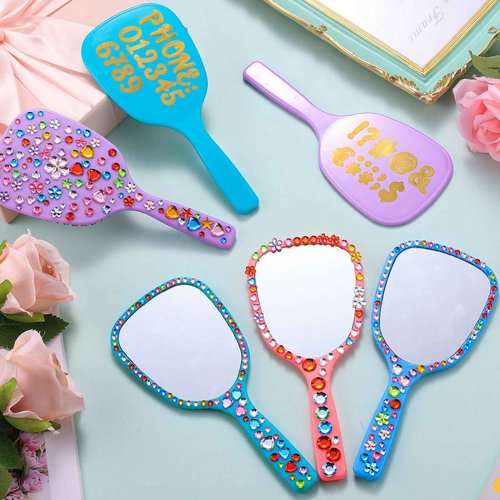 IWOLOMI 16 Pcs Small Handheld Hand Mirror with Handle Mini Handheld Princess Mirror with Gems Stickers for DIY Crafts Travel Makeup Classroom Camping Daily Quinceanera Party Favors 3. 15 x 7. 09 Inch