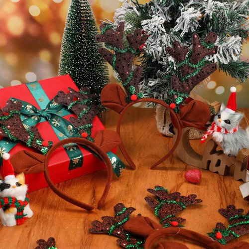Yuxung 24 Pcs Christmas Reindeer Antlers Headband Bulk Sequined Reindeer Headwear Elk Headpiece for Xmas Party Costume Supply