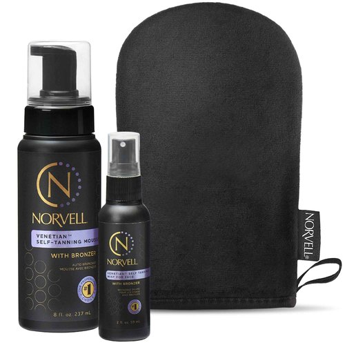 Norvell Venetian Self Tanner Mousse, 8 Fl Oz, Self Tanning Mist for Face 2 fl oz, and Streak-Free Tan Applicator Mitt