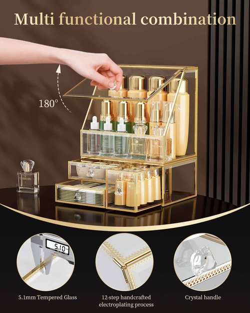 CoralHouse Makeup Organizer for Vanity, Clear Makeup Organizer with Drawer, Skincare Holder for Bathroom Countertop,Cosmetic Display Case for Dresser