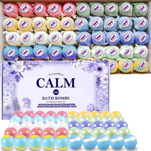 TranquilBliss Bath Bombs for Women, 50 PCS Set with 10 Rich Scents, Natural Bubble Bathbombs, Dry Skin Moisturizing, Present for Christmas, Mother’s Day, Birthday, for Mom, Wife, Her, Girls