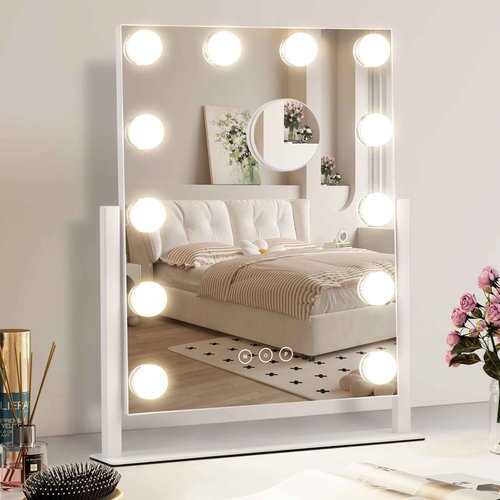 NUSVAN Vanity Makeup Mirror with Lights,3 Color Lighting Modes Detachable 10X Magnification Mirror Touch Control,360°Rotation, White (14.6Inch)