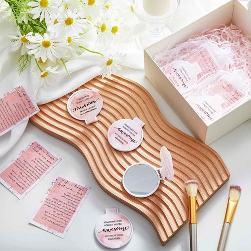 Cinnvoice 25 Set Inspirational Compact Mirrors for Women Bulk Sometimes You Forget You're Awesome Motivational Double Sided Folding Pocket Mirror for Employee Coworker Staff Mom Birthday(Pink Marble)