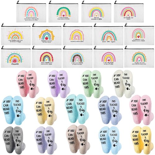 Shinymoon 28 Pcs Back to School Teacher Appreciation Gifts Bulk If You Can Read This Teacher Socks 14 Style Thank You Makeup Bags Employee Coworker Team Back to School Gifts(Rainbow,Coral Fleece)
