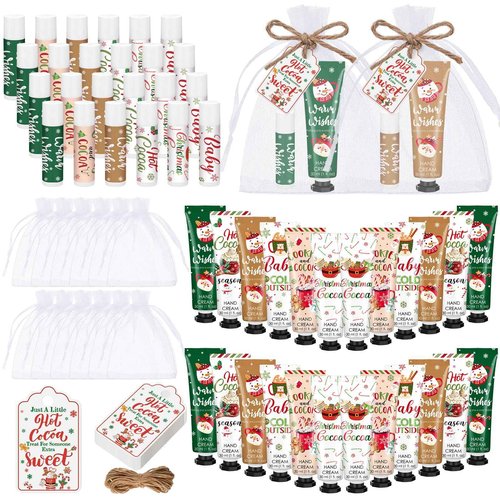 Demissle 24 Pcs Christmas Hot Cocoa Supplies Xmas Party Stuffers Christmas Stocking Favors Xmas Red Green Hand Cream and Lip Balm Gifts Set for Baby Shower Guests