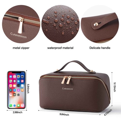 Cuteseason Makeup Bag, Travel Toiletry Bag for Women, Large Capacity Waterproof PU Leather Cosmetic Bags Make Up Organizer Bags with Headband and Wristband Set (Brown, Lychee Pattern)