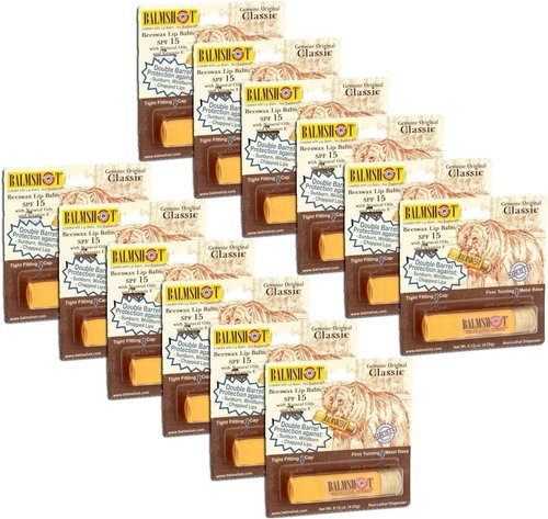 Pack of 12 - Balmshot Genuine Original Classic Beeswax Lip Balm, SPF 15, 0.15 oz