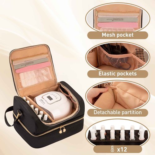 AGX Bravo Nail Polish Organizer Bag Nail Case Holds 60 Bottles & Nail Lamp Gel Nail Polish Organizer Nail Kit Organizers Travel Nail Tech Carrying Case for Manicure Supplies (Black)