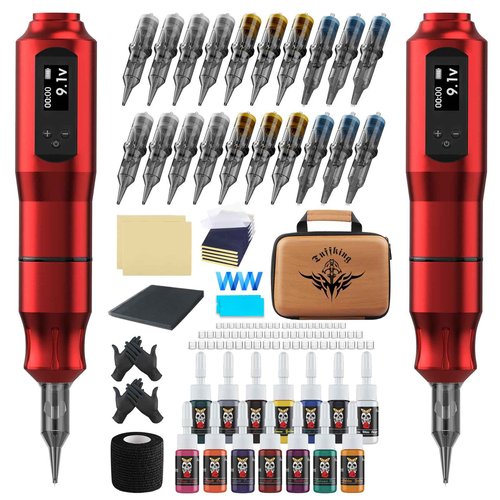 Complete Tattoo Gun Kit, 2Pcs Tattoo Pen Machine with 1600 mAh Tattoo Power Supply and 20Pcs Cartridge Needles, Professional Tattoo Supplies Set for Beginners and Artists (Red, 118 pcs)