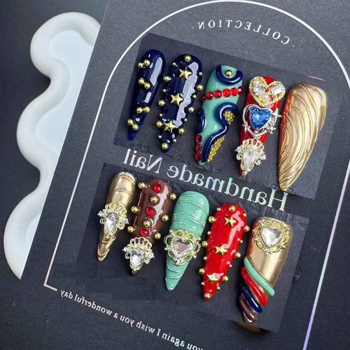 Gorgeous Press On Nails Handmade Long Stiletto Fake Nails with Heart Charms Design Colorful Rhinestone Glue on Nails Acrylic Handmade Nails Reusable Full Cover for Women Girls Size M 10Pcs