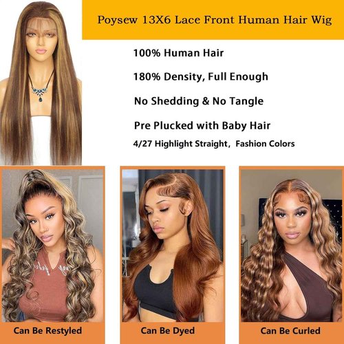 20 inch 13x6 Ombre Highlight Lace Front Wig Human Hair 4/27 Colored Straight Human Hair Wigs HD Transparent Lace Frontal Wigs Pre Plucked with Baby Hair 180% Density