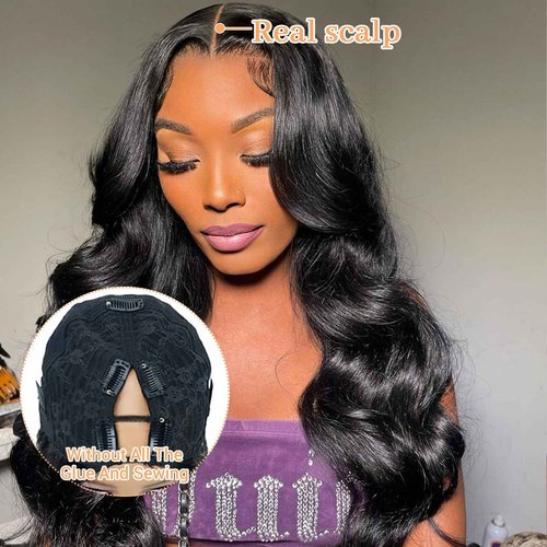 MOOTAFUL V Part Wig Human Hair Body Wave for Black Women Upgrade U Part Human Hair Wig 100% Beginner Friendly 200% Density Natural Color (16 inch)