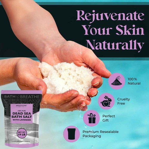 Aromasong Pure Dead Sea Salt for Soaking with 100% Natural Lavender, 19 LB - Spa Bath Salt Fine Grain - Body Wash Scrub - Soak for Women & Men- Bulk Resealable Pack