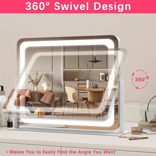 ROLOVE 22x17 Inch Lighted Vanity Mirror with Dimmable LED Lights - 3 Color Modes, Smart Touch Control & 360° Rotating Base - Desk Makeup Mirror (White)