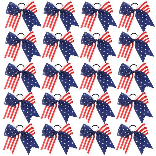 American USA Flag Cheer Bows for Girls,Red White and Blue Patriotic Flag Festival Hair Bow With Elastic Band Hair Accessories (Red 20pcs)