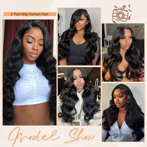 MOOTAFUL V Part Wig Human Hair Body Wave for Black Women Upgrade U Part Human Hair Wig 100% Beginner Friendly 200% Density Natural Color (16 inch)