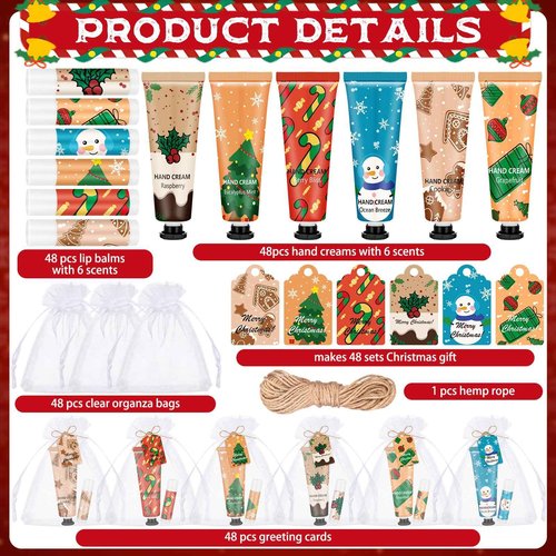 Loopeer 48 Sets/192 Pcs Christmas Hand Cream and Lip Balm Gift Set for Women Bulk Mini Hand Lotion Travel Size for Dry Skin Stocking Stuffers with Greeting Card Organza Bags for Coworker Employee